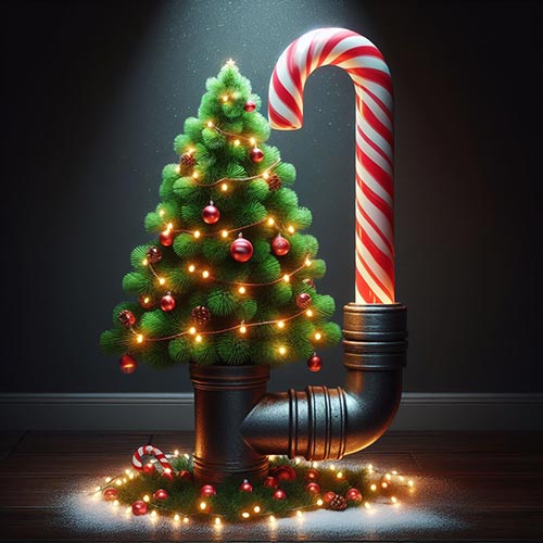 DALL-E 3 generiertes Bild: Weihnachtsbaum mit Zuckerstange in Rohrform