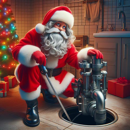 DALL-E 3 generiertes Bild: Weihnachtsmann als Rohrreiniger