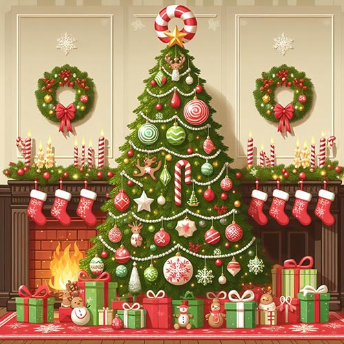 DALL-E 3 generiertes Bild: Weihnachtsbaum mit Zuckerstange in Rohrform